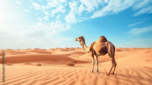 Camel standing on sand against sky  desert with a camel  a camel standing in the middle of a desert with sand dunes