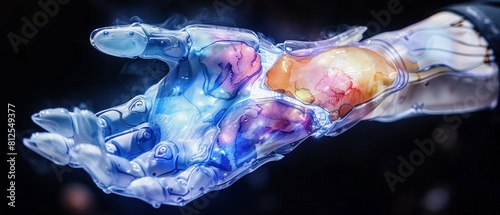 An advanced technology concept for augmented reality, showcasing the development of a holographic hand projection for business simulations, enabling realistic hand movements and interactions