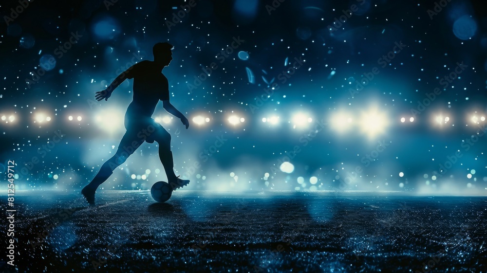 A silhouetted soccer player takes a powerful shot during a penalty shoot-out, dramatically lit by the stadium lights against a darkened background. Create a sense of excitement and tension with this