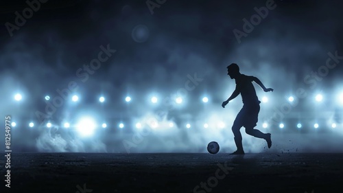A lone soccer player takes a penalty shot amidst the dramatic illumination of a packed stadium, the hope of victory and glory shining bright with every strike. © Mickey