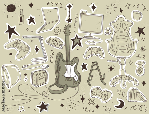 Rock guitar musical instruments teenager's room chair game console stars music