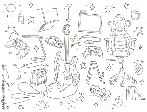 Rock guitar musical instruments teenager's room chair game console stars music