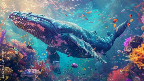 Under the sea, there's a colorful world full of whales, fish, and seaweed. It's like a giant aquarium with bright and beautiful sea creatures swimming around.