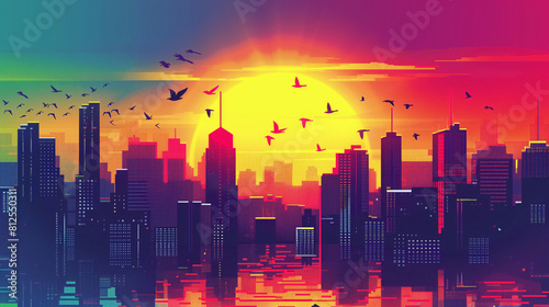 A silhouette of birds flying against a colorful sunset over a ci