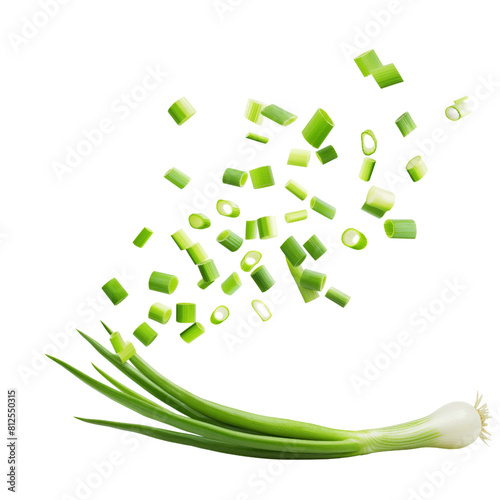 Cut green onion falling isolated on white background.