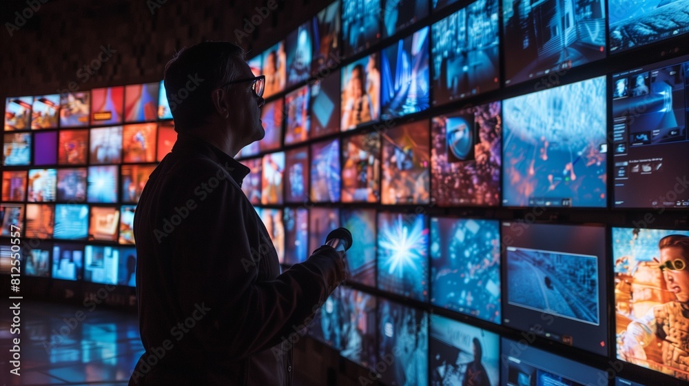 Media control room concept. A man with glasses holding a remote, standing in front of a wall filled with various screens displaying vibrant multimedia content in a darkened room. Media control room concept. A man with glasses holding a remote, standing in front of a wall filled with various screens displaying vibrant multimedia content in a darkened room.