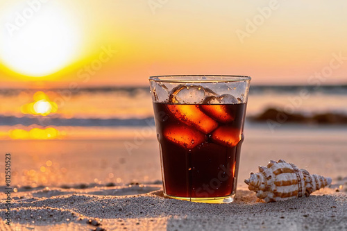 Soda drink with ice in glass sea on sunset sea background with shells