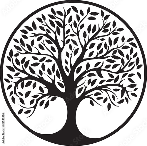 line art nature logo vector design oak tree inside circle, abstract tree logo symbol inside circle
