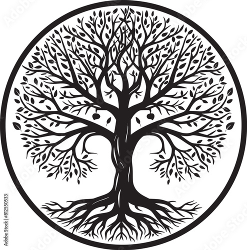 line art nature logo vector design oak tree inside circle, abstract tree logo symbol inside circle