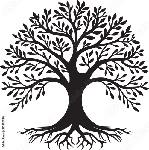 line art nature logo vector design oak tree inside circle, abstract tree logo symbol inside circle