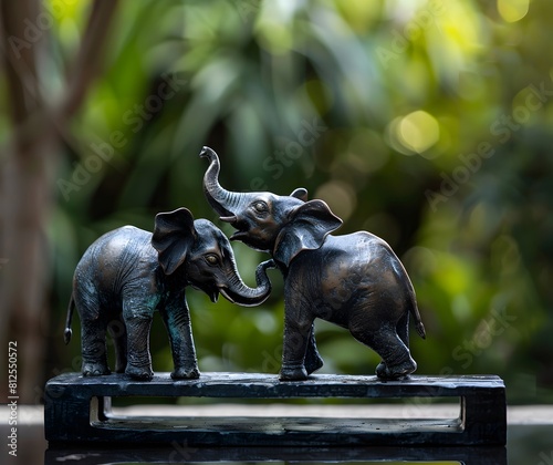 three baby elephants playing on top of an iron bar