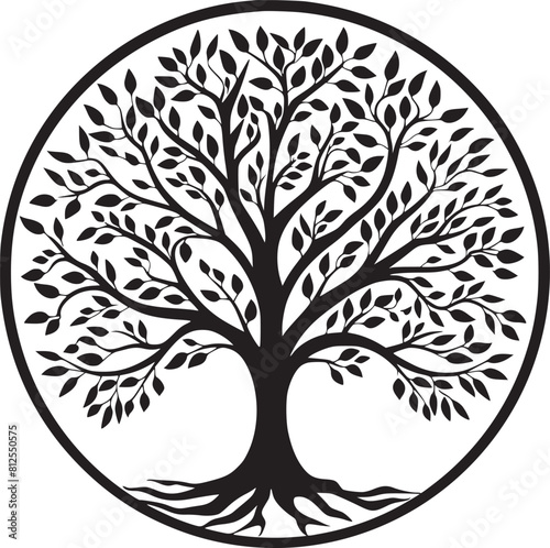 line art nature logo vector design oak tree inside circle, abstract tree logo symbol inside circle