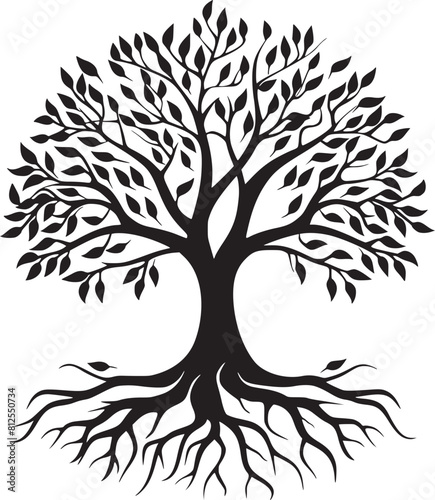 line art nature logo vector design oak tree inside circle, abstract tree logo symbol inside circle