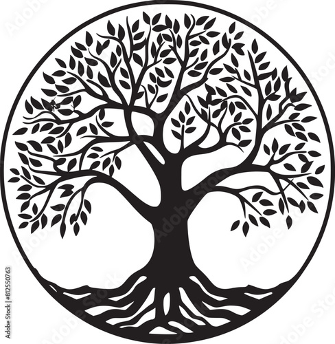 line art nature logo vector design oak tree inside circle, abstract tree logo symbol inside circle
