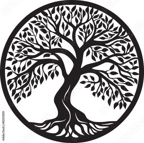 line art nature logo vector design oak tree inside circle, abstract tree logo symbol inside circle