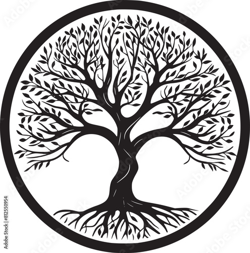 line art nature logo vector design oak tree inside circle, abstract tree logo symbol inside circle