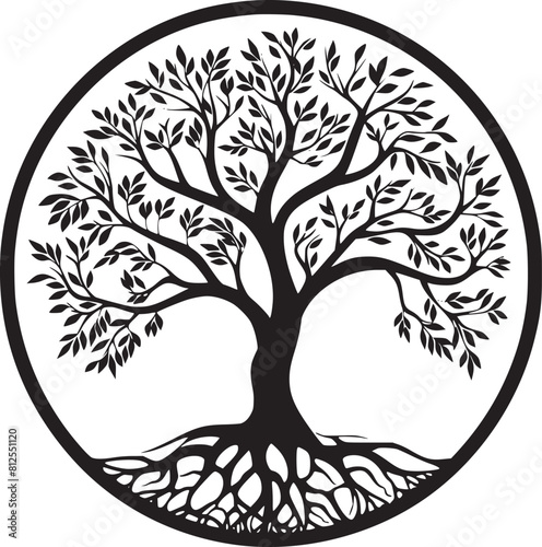 line art nature logo vector design oak tree inside circle, abstract tree logo symbol inside circle