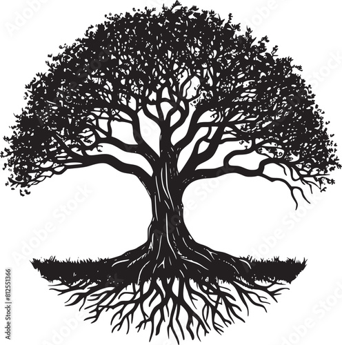 line art nature logo vector design oak tree inside circle, abstract tree logo symbol inside circle
