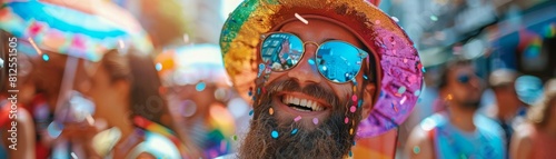 A participant in a pride parade dressed as a rainbow wizard, complete with a sparkling hat and a wand that releases biodegradable glitter into the air photo