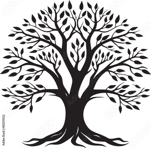 line art nature logo vector design oak tree inside circle, abstract tree logo symbol inside circle