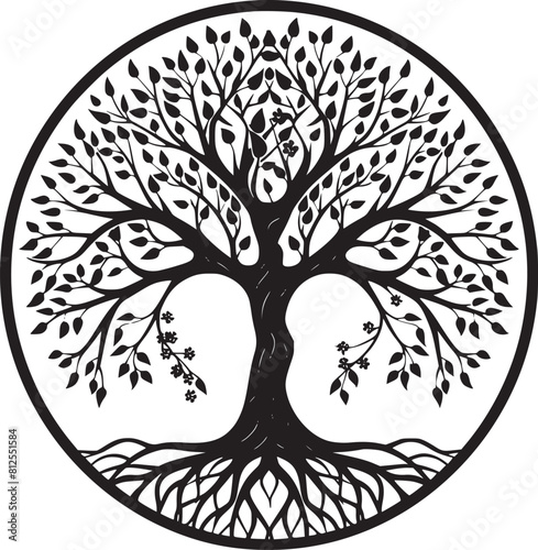 line art nature logo vector design oak tree inside circle, abstract tree logo symbol inside circle