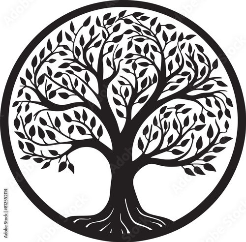 line art nature logo vector design oak tree inside circle, abstract tree logo symbol inside circle