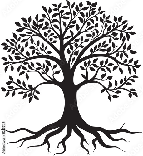 line art nature logo vector design oak tree inside circle, abstract tree logo symbol inside circle
