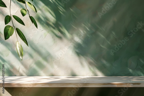 Empty table and darkgreen wall. Table with sun reflections and leaves shadows on beige wall. Background with bokeh for product presentation.Mock up for presentation, branding products,. Generative Ai.