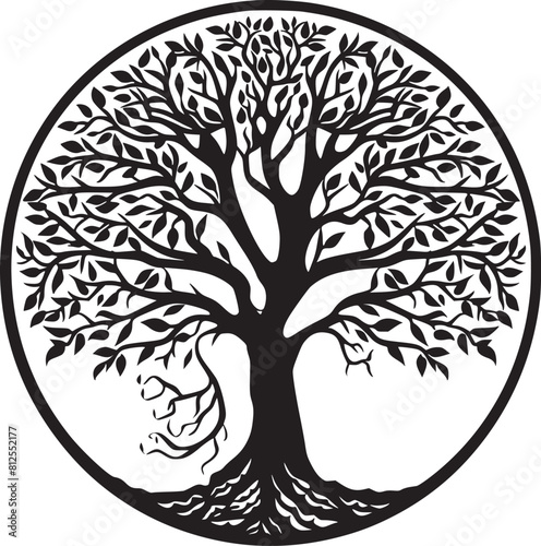 line art nature logo vector design oak tree inside circle, abstract tree logo symbol inside circle