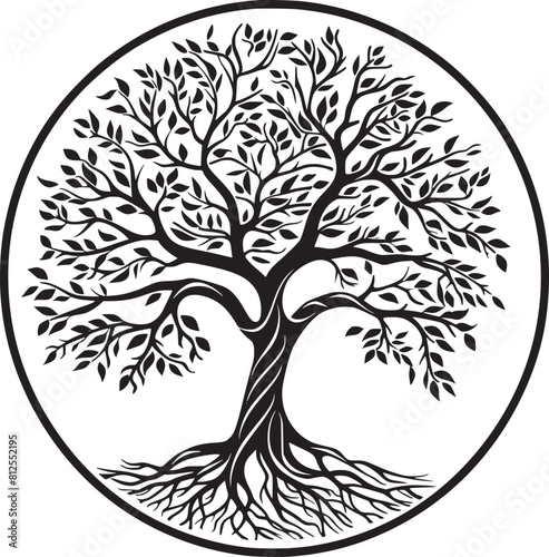 line art nature logo vector design oak tree inside circle, abstract tree logo symbol inside circle