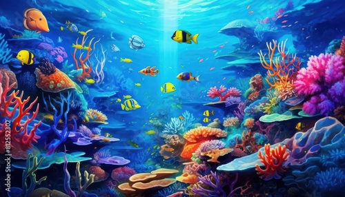 Tropical fish in the underwater, coral reef, amazing underwater life, various fish and exotic coral reefs, ocean wild creatures background