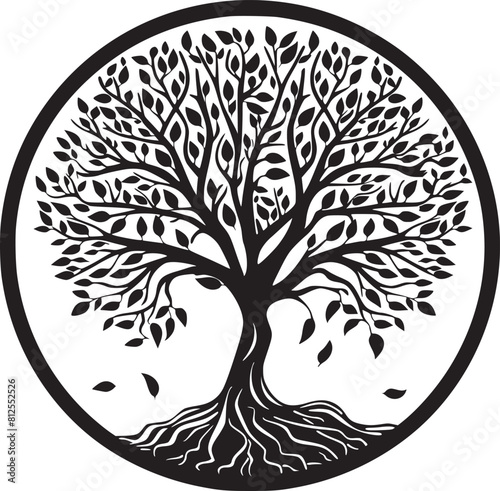 line art nature logo vector design oak tree inside circle, abstract tree logo symbol inside circle