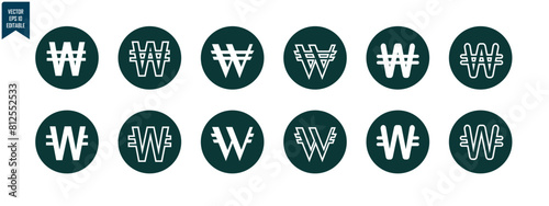 icon set of won currency, South Korea, simple design with outline and solid style, for business and graphic needs. vector eps 10 editable.