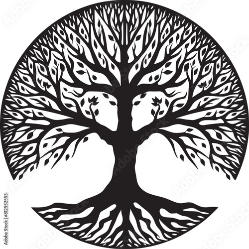 line art nature logo vector design oak tree inside circle, abstract tree logo symbol inside circle