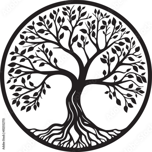 line art nature logo vector design oak tree inside circle, abstract tree logo symbol inside circle