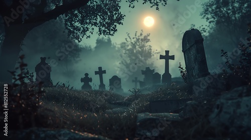 A spooky graveyard with ancient tombstones and restless spirits wandering among the shadows on Halloween eve.  photo