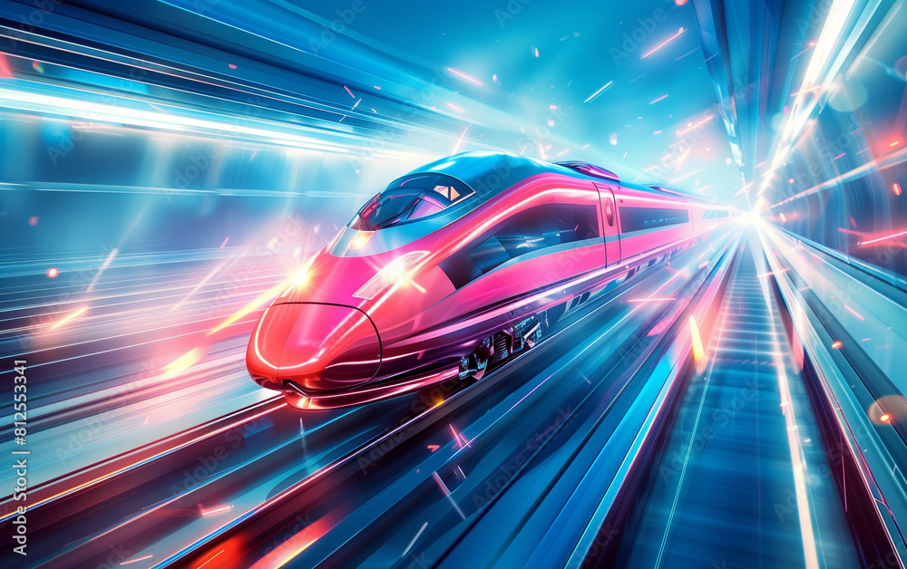 High speed train in motion concept poster background. Rapid transit horizontal banner. Motion blur effect. Raster bitmap digital illustration. AI artwork. High speed train in motion concept poster background. Rapid transit horizontal banner. Motion blur effect. Raster bitmap digital illustration. AI artwork.