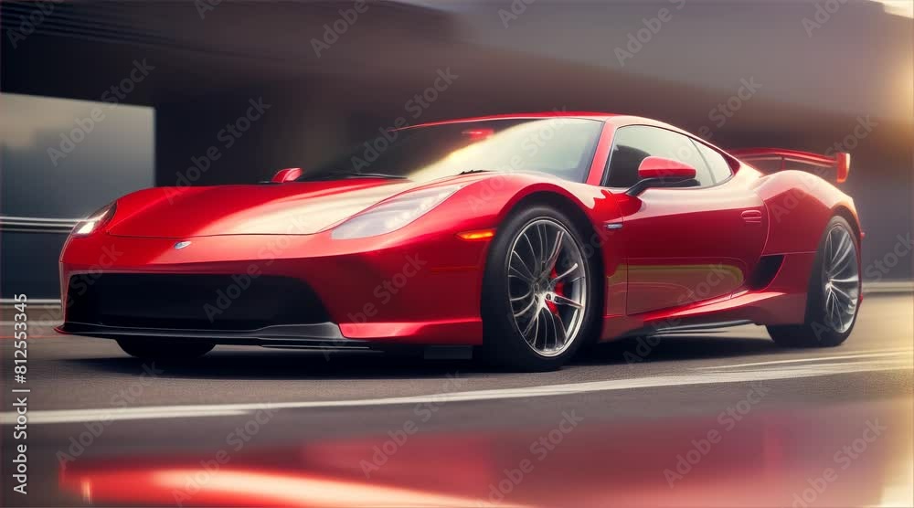 Red sports car on the road, highway. Very fast driving. 3d rendering.
