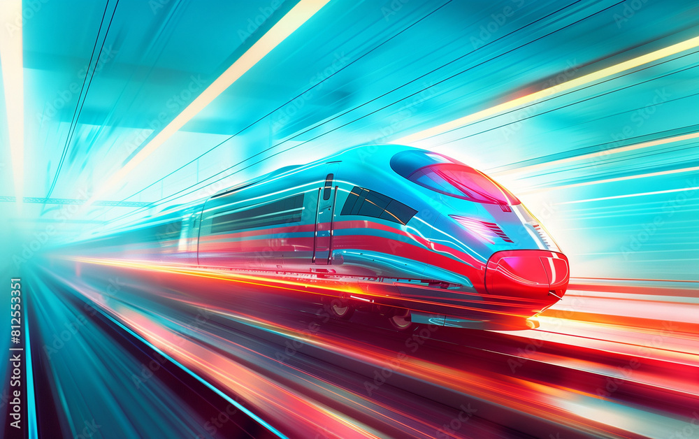 High speed train in motion concept poster background. Rapid transit horizontal banner. Motion blur effect. Raster bitmap digital illustration. AI artwork. High speed train in motion concept poster background. Rapid transit horizontal banner. Motion blur effect. Raster bitmap digital illustration. AI artwork.