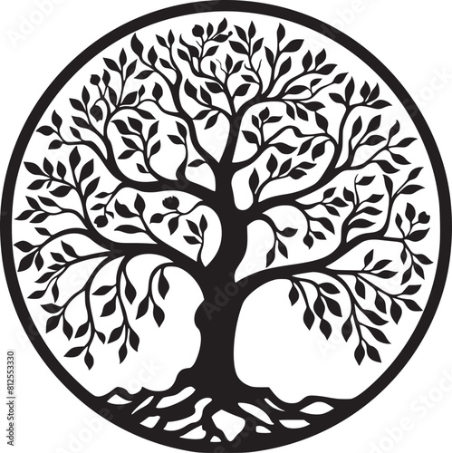 line art nature logo vector design oak tree inside circle, abstract tree logo symbol inside circle