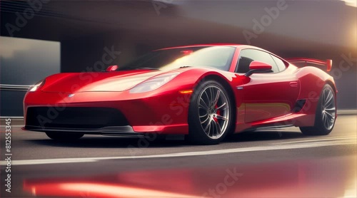 Red sports car on the road, highway. Very fast driving. 3d rendering.