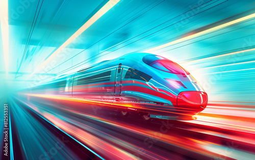 High speed train in motion concept poster background. Rapid transit horizontal banner. Motion blur effect. Raster bitmap digital illustration. AI artwork.