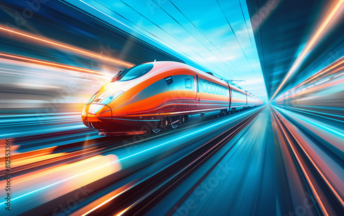 High speed train in motion concept poster background. Rapid transit horizontal banner. Motion blur effect. Raster bitmap digital illustration. AI artwork. © Oxana