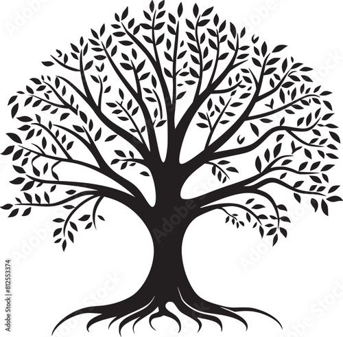 line art nature logo vector design oak tree inside circle, abstract tree logo symbol inside circle