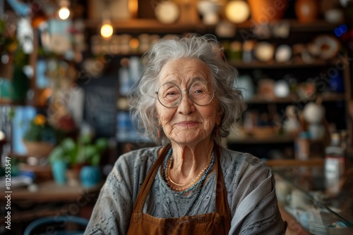 Cheerful female Elderly Shopkeeper at His Flower Shop photo
