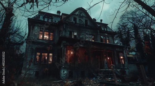 A spooky mansion with tattered curtains and broken windows  haunted by restless spirits on Halloween night. 