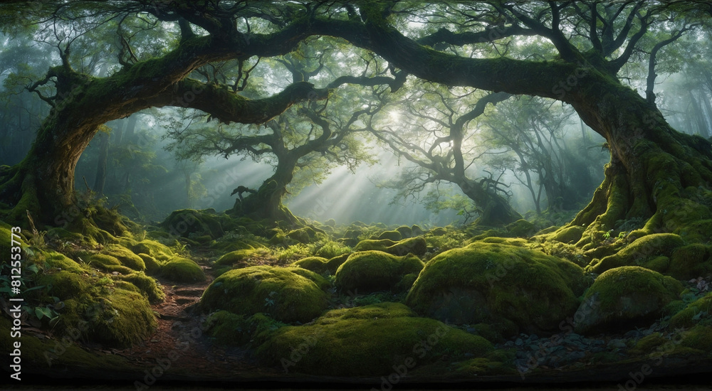 mystical fairy tale forest, with ancient trees and moss-covered rocks creating an