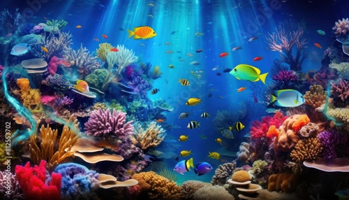 Tropical fish in the underwater, coral reef, amazing underwater life, various fish and exotic coral reefs, ocean wild creatures background © Virgo Studio Maple