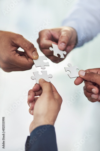 Wall Mural Teamwork, hands and business people with puzzle for unity or collaboration with joint effort for project