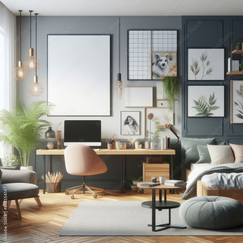 A Room with a template mockup poster empty white and with a desk chair and a bed realistic lively card design. A Room with a template mockup poster empty white and with a desk chair and a bed realistic lively card design.